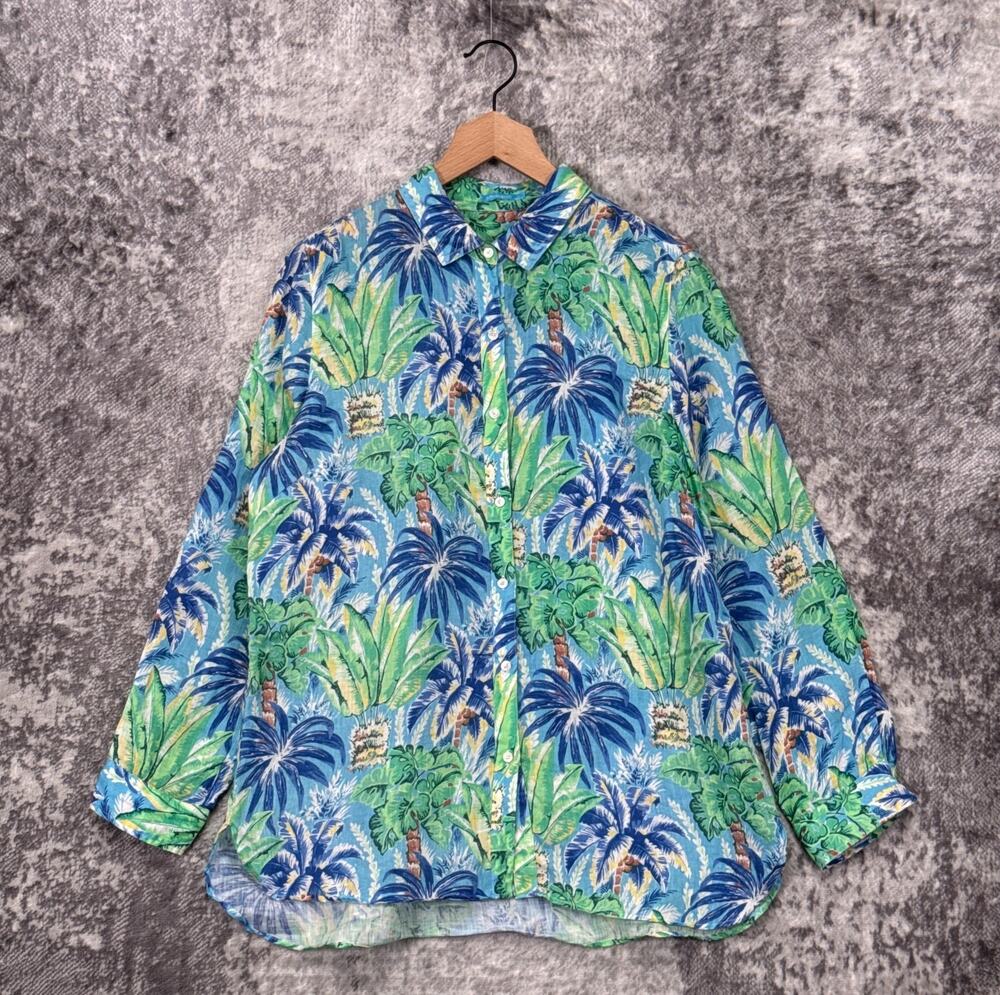 J McLaughlin Top Large Womens Tropical Linen Button Down Shirt Long Sleeve